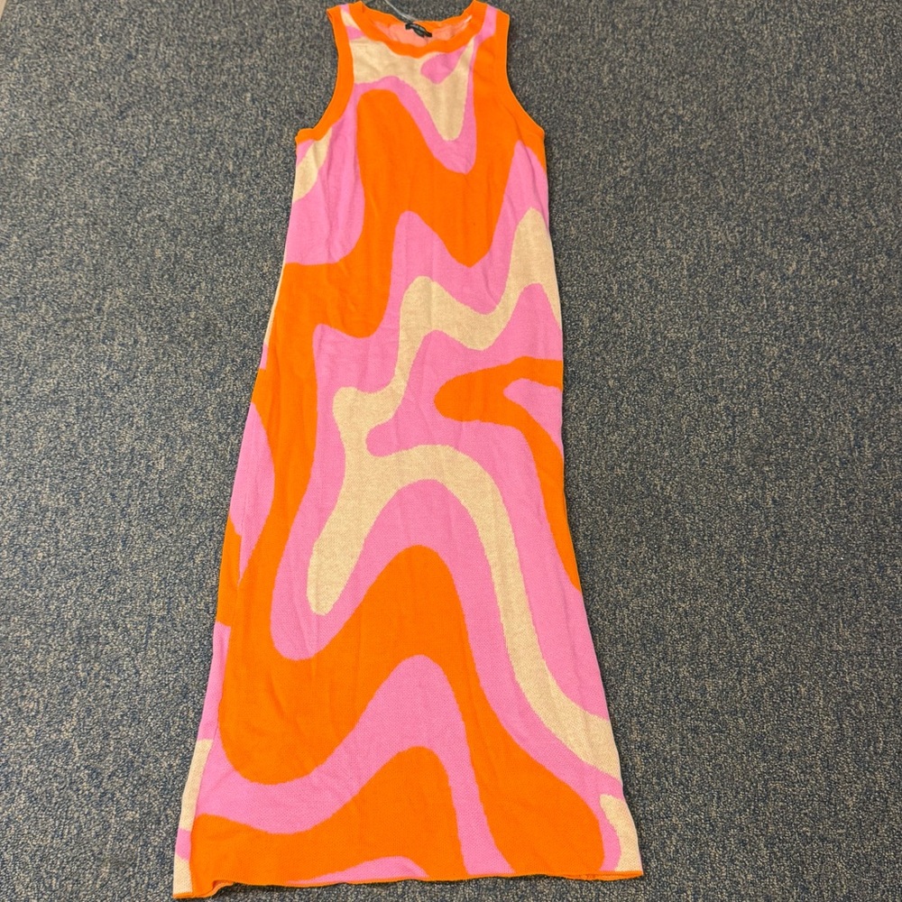 Orange, Pink, and Cream Sleeveless Maxi Dress